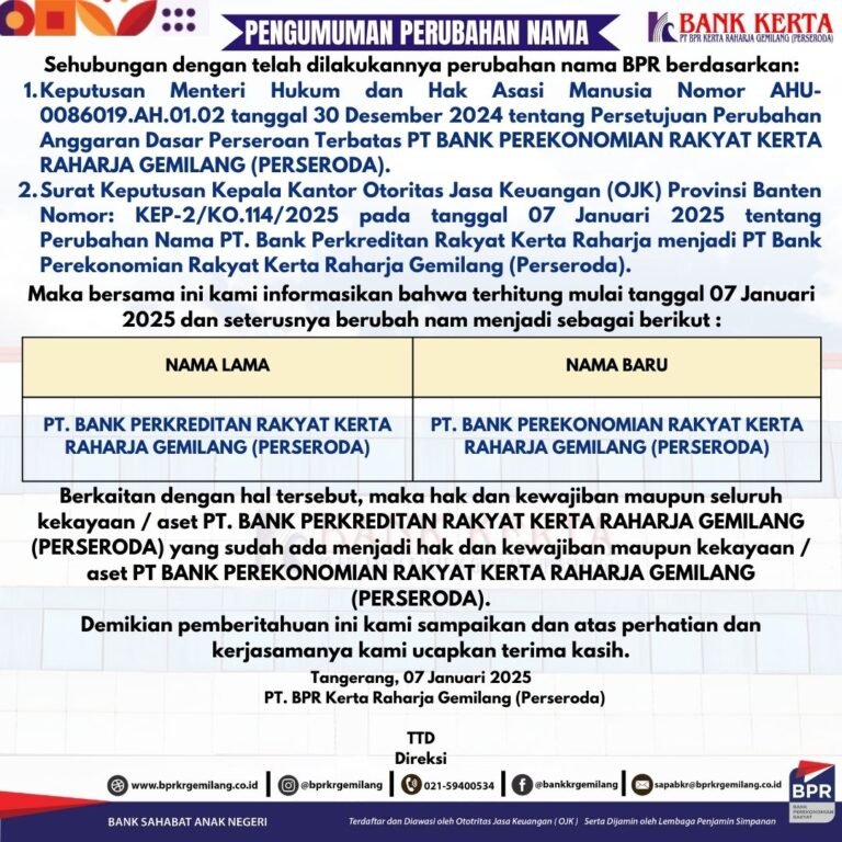 Pengumuman perubahan nama PT BPR Kerta Raharja Gemilang 