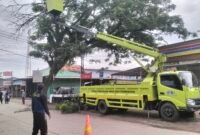 Tim DLHK Kabupaten Tangerang bekerja profesional melakukan pemangkasan dahan ranting pohon di jalan Adiyasa Solear tepatnya didepan Indomaret Pasanggrahan dan pintu gerbang perumahan Batara Solear 