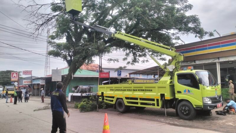 Tim DLHK Kabupaten Tangerang bekerja profesional melakukan pemangkasan dahan ranting pohon di jalan Adiyasa Solear tepatnya didepan Indomaret Pasanggrahan dan pintu gerbang perumahan Batara Solear 