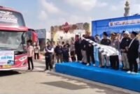 Pelepasan 5 bus mudik gratis yang diadakan Karang Taruna Teluknaga memanfaatkan dana CSR Pengembang PIK-2 