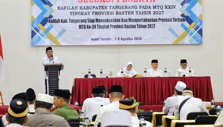 Muhamad Iqro sekretaris LPTQ Kabupaten Tangerang yang juga Kasubag TU Kemenag menyampaikan laporan seputar seleksi peserta MTQ Banten 